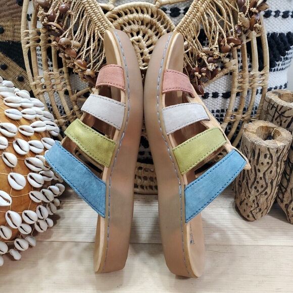 EUC Born Womens 8M Lynae Slip On Sandals Strappy Leather Sand Multi Comfort - Picture 6 of 14